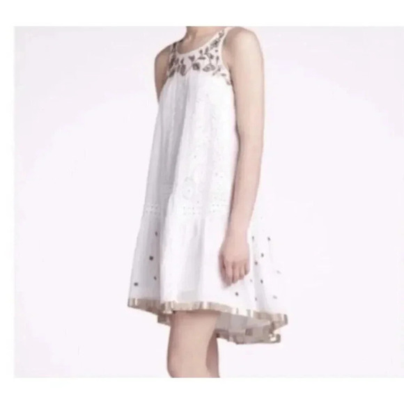 Anthropologie Leifnotes White Eyelet Gold Trim Beaded Sleeveless Dress Size 4 - Picture 13 of 16